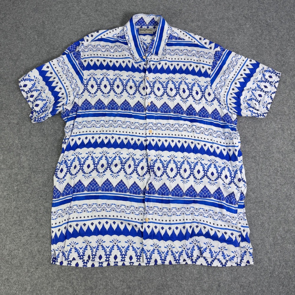 Kenny Flowers Mens XXL Limited Edition Blue White Geometric Rayon Button Down